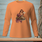 Orange long-sleeve shirt with mermaid and crab holding sign "Highly Selective."