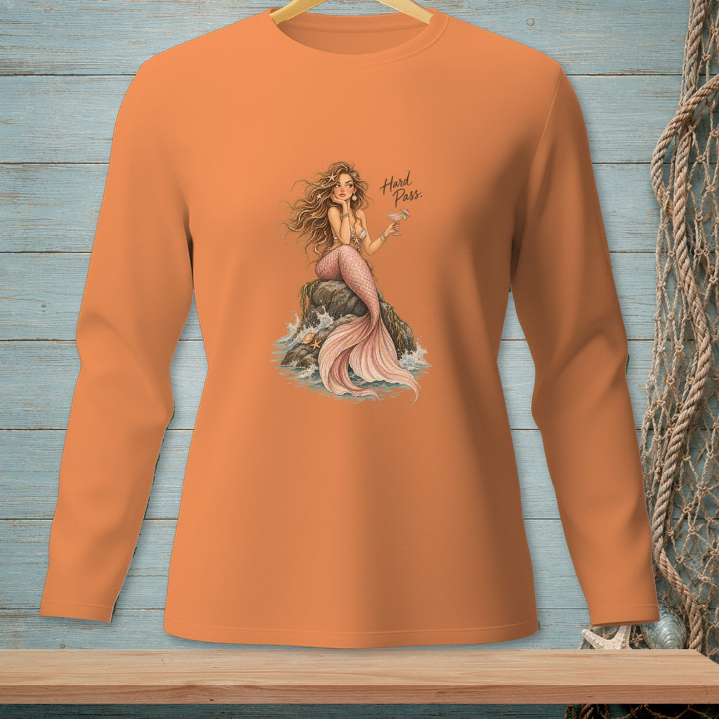 Orange long-sleeve shirt with a mermaid graphic holding a cocktail and the text "Hard Pass."