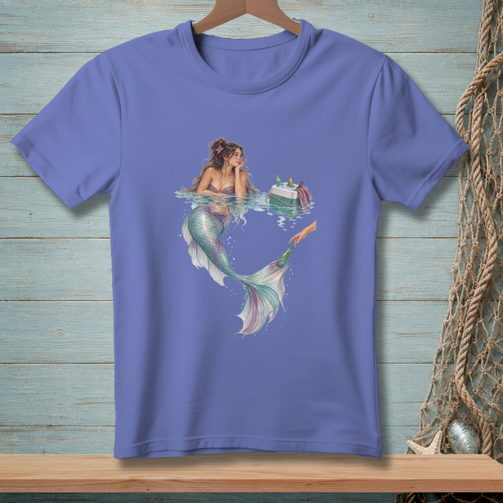 Mermaid with a cooler of drinks and a hand reaching for a bottle.