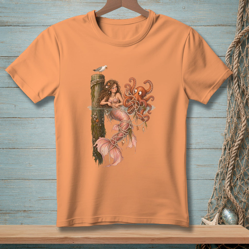 T-shirt with mermaid, octopus, seagull, and pearls on a dock.