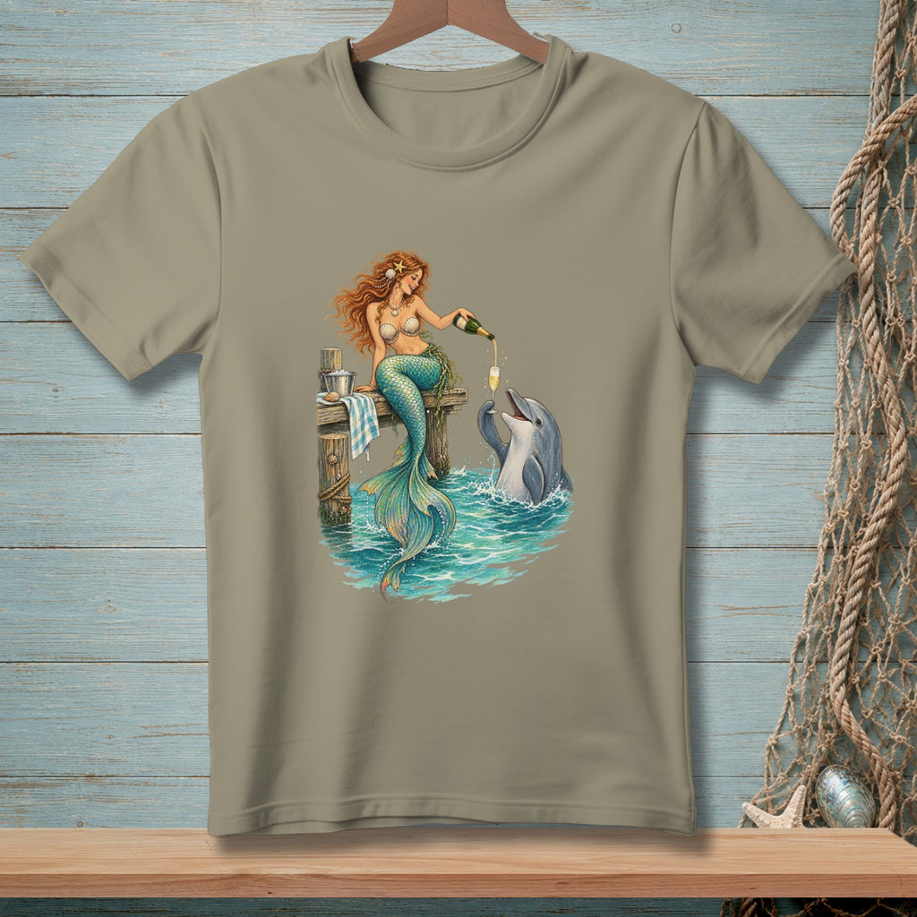 Mermaid pouring champagne for a dolphin on a dock.