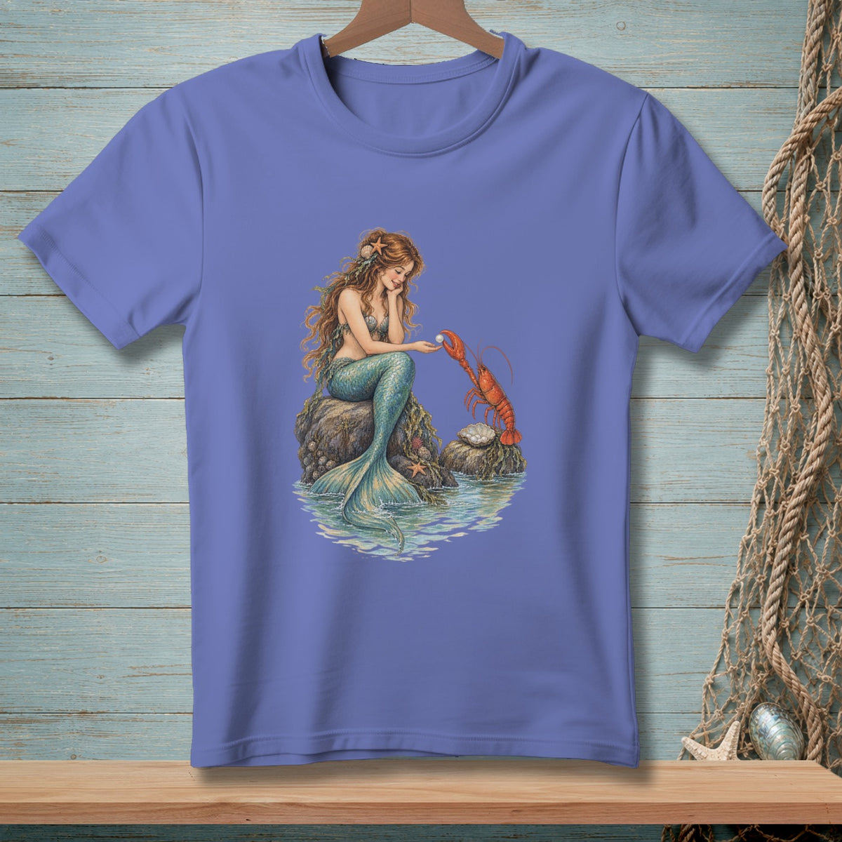 Mermaid sitting on rock with lobster and pearl in the water.