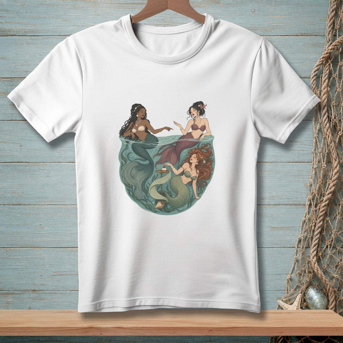 Illustration of three mermaids in a circular design on a white t-shirt.