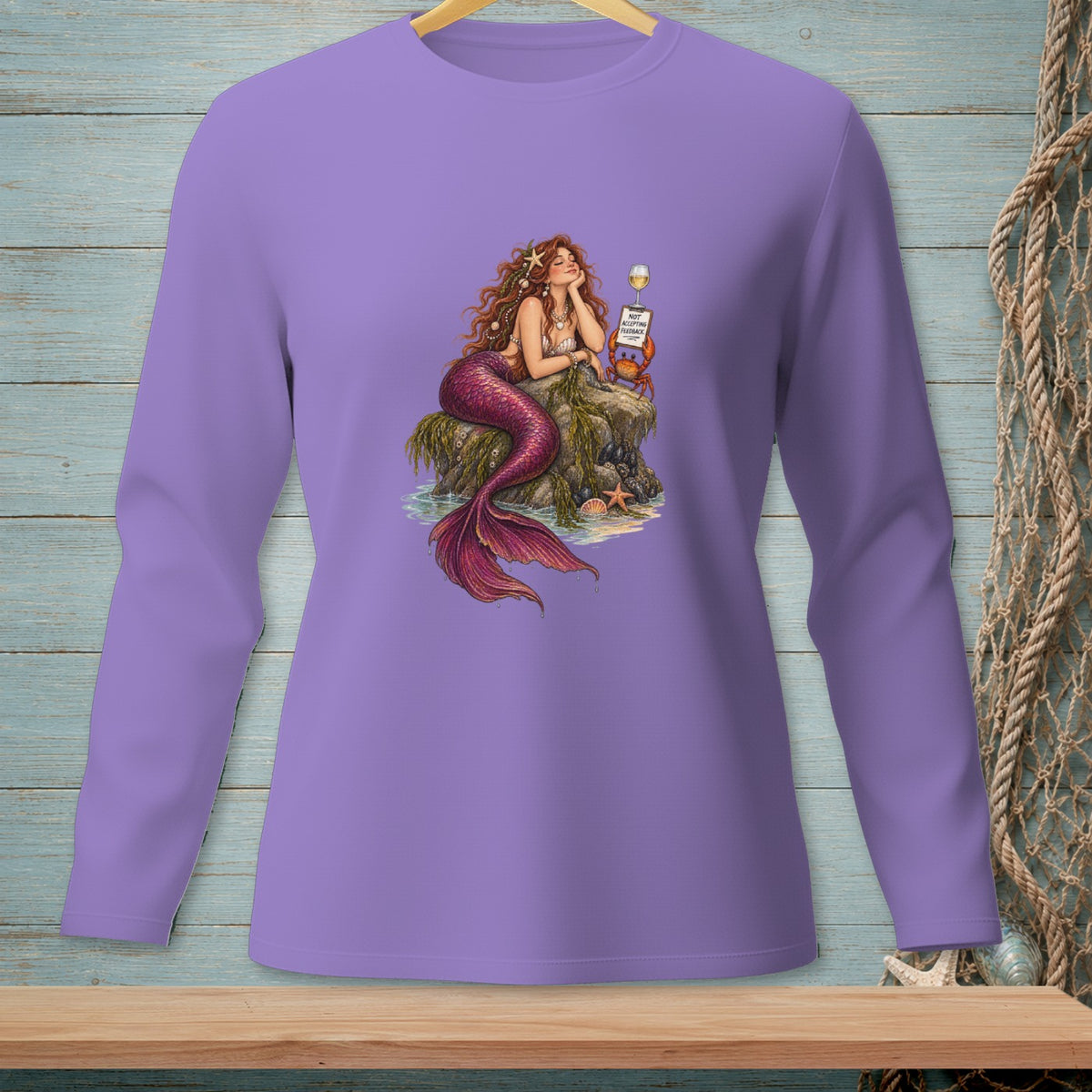 Mermaid on a rock with a glass and crab holding a sign saying "NOT ACCEPTING FEEDBACK".