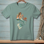 Mermaid with octopus and drinks next to buoy on a t-shirt.
