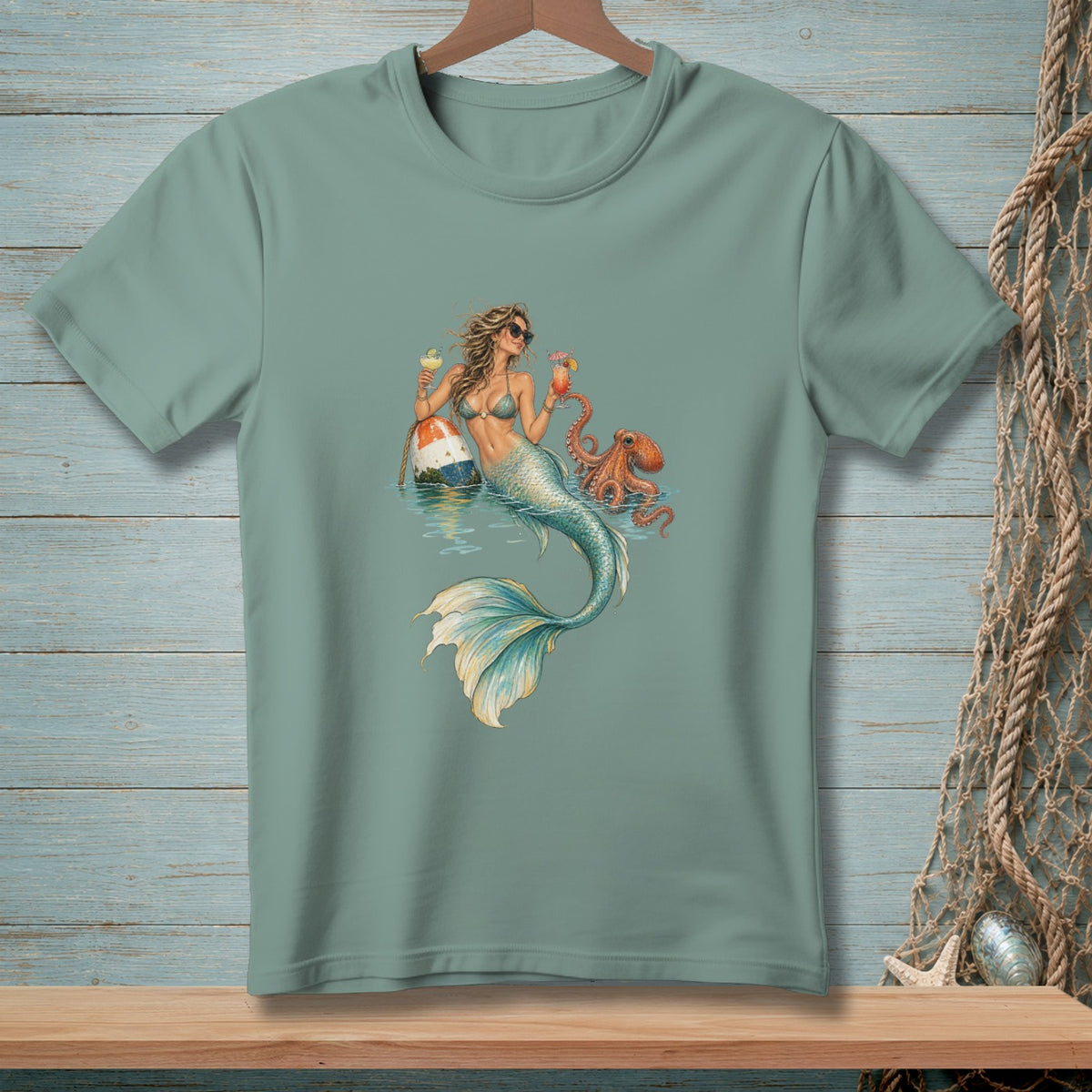 Mermaid with octopus and drinks next to buoy on a t-shirt.