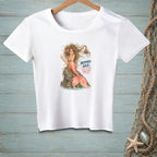 White t-shirt with illustration of mermaid and text "Mermaid Hair Enter at Your Own Risk".
