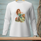 Mermaid with red hair sits on a rock with a crab and picnic basket.