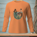 Three mermaids in a circular underwater scene, one holding a teacup.