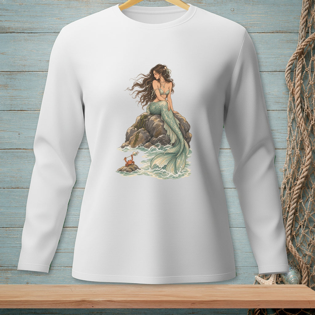 Long-sleeved white shirt with a mermaid and crab graphic on a rock.