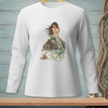 Long-sleeved white shirt with a mermaid and crab graphic on a rock.
