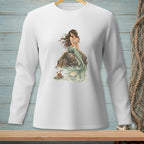 Long-sleeved white shirt with a mermaid and crab graphic on a rock.