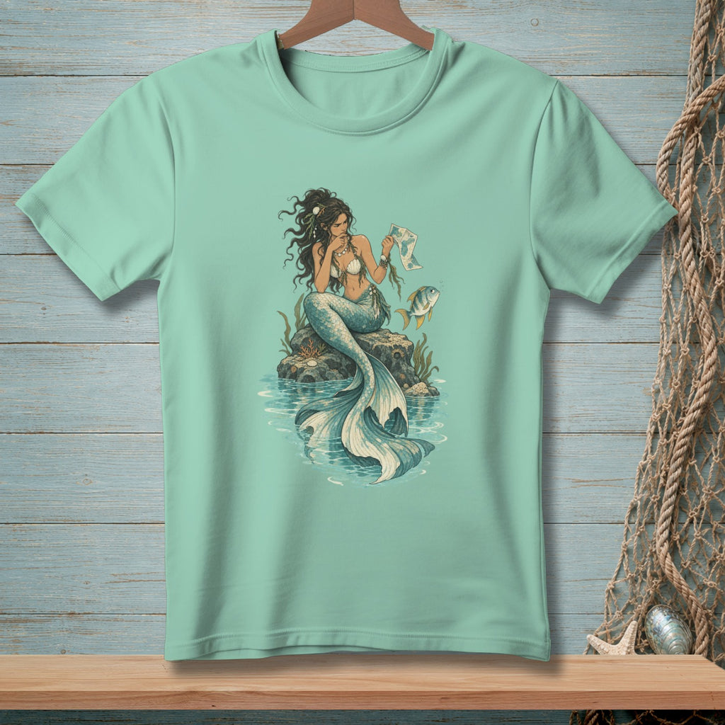 Mint t-shirt with a mermaid holding a treasure map and a fish.
