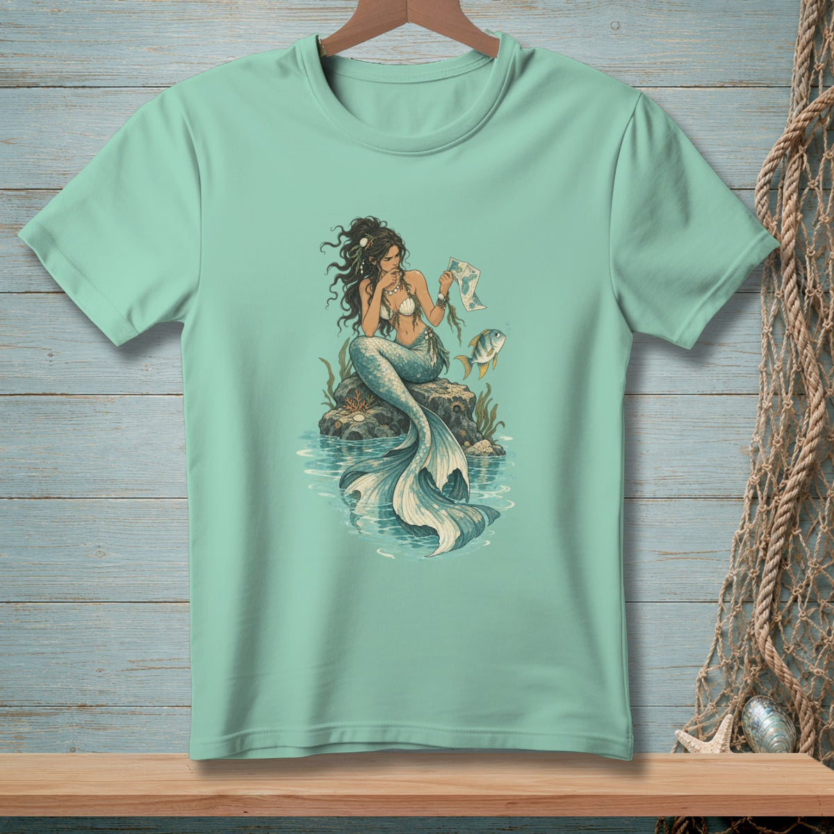 Mint t-shirt with a mermaid holding a treasure map and a fish.