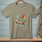 T-shirt with a mermaid, seagull, and starfish on a rock.