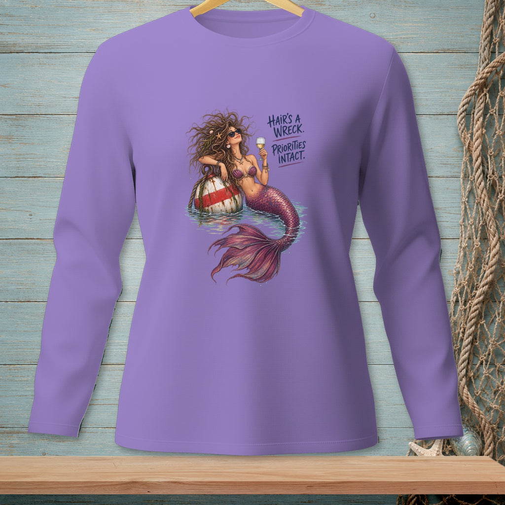 Mermaid with sunglasses and drink leans on a buoy, text says "Hair's a wreck. Priorities intact."