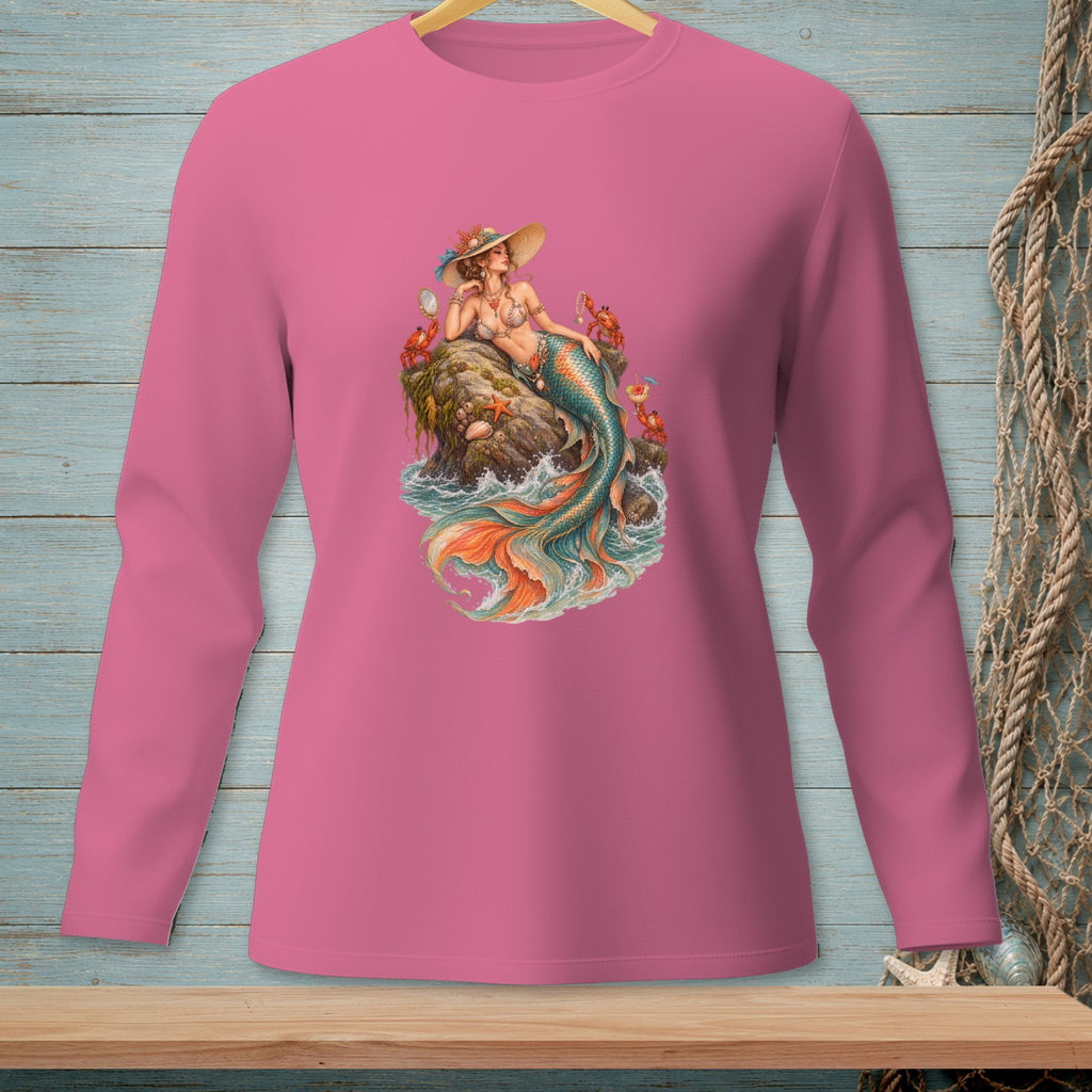 Mermaid with hat sitting on rocks with crabs and starfish.