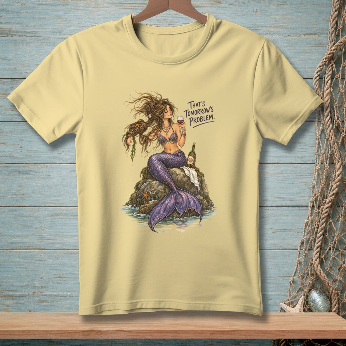 Mermaid with wine and champagne on a rock, text reads "That's tomorrow's problem".
