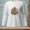 Three mermaids sit on rocks sharing a cake.