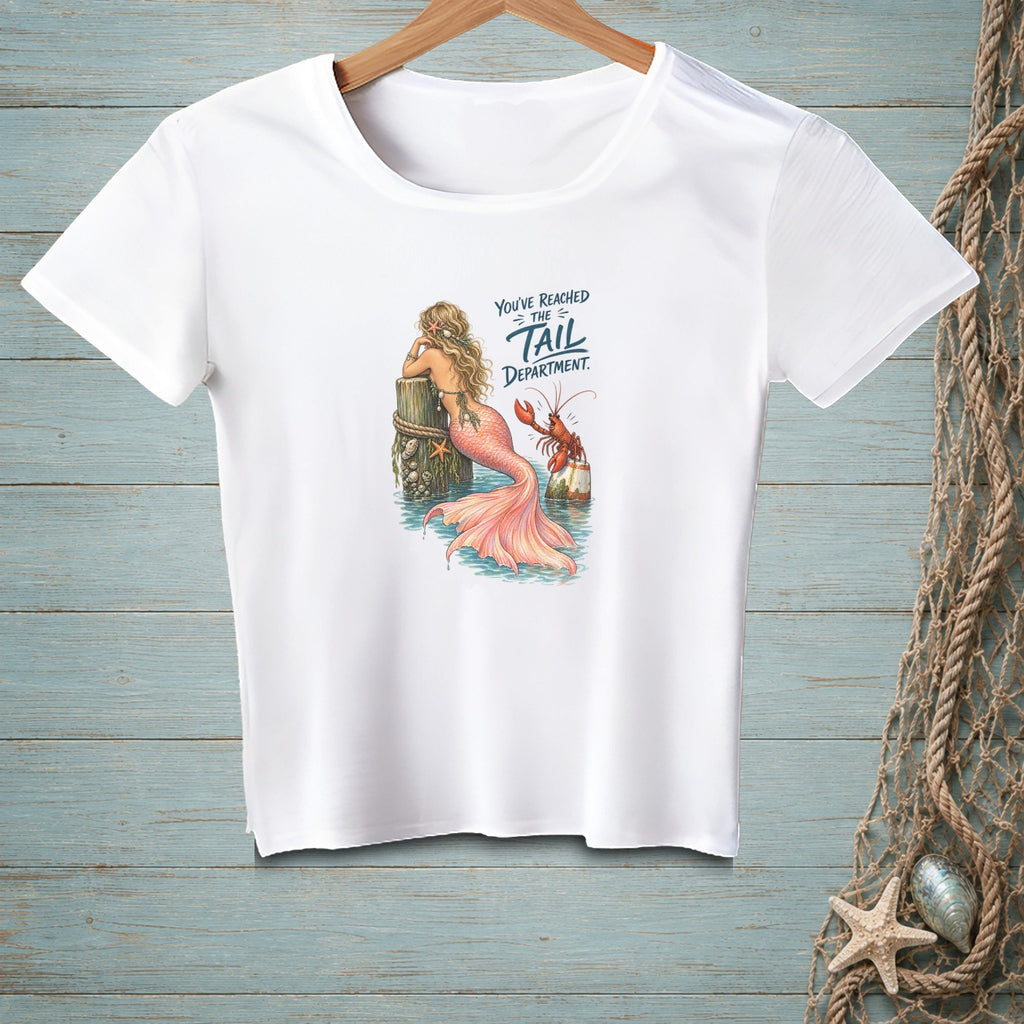 White t-shirt with graphic of mermaid and lobster and text "You've reached the tail department."