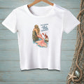 White t-shirt with graphic of mermaid and lobster and text "You've reached the tail department."