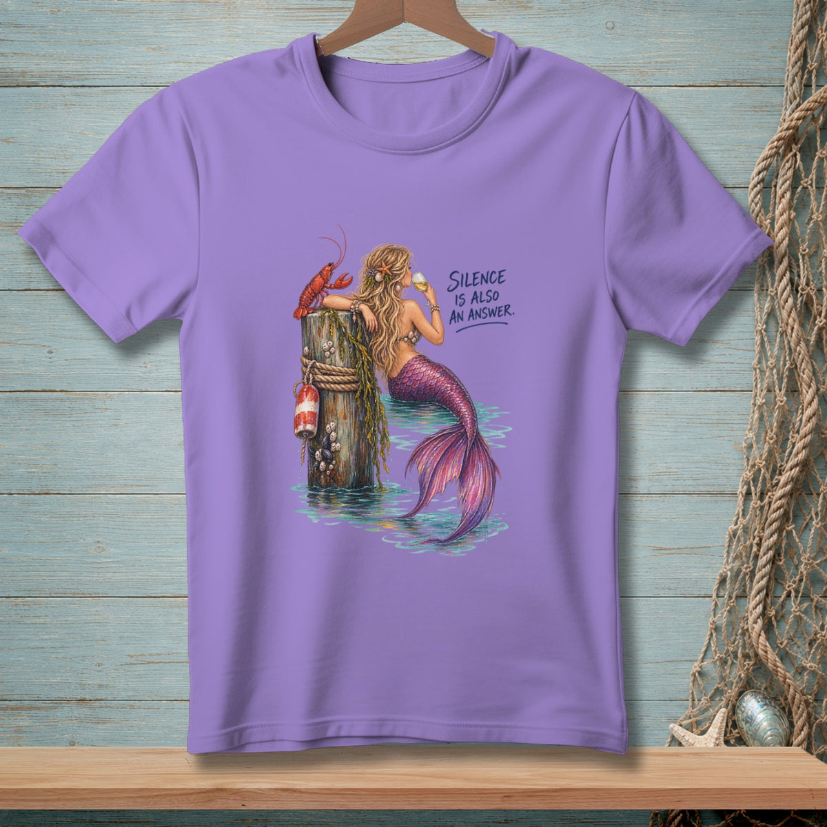 Mermaid on a post with lobster, drinking, and text "Silence is also an answer."