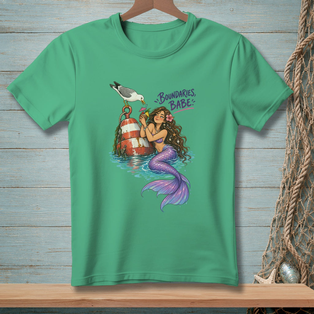 Green t-shirt with a mermaid, buoy, seagull, and text "Boundaries, Babe."