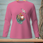 Pink long-sleeve shirt featuring a mermaid with a seagull stealing a donut from a buoy.