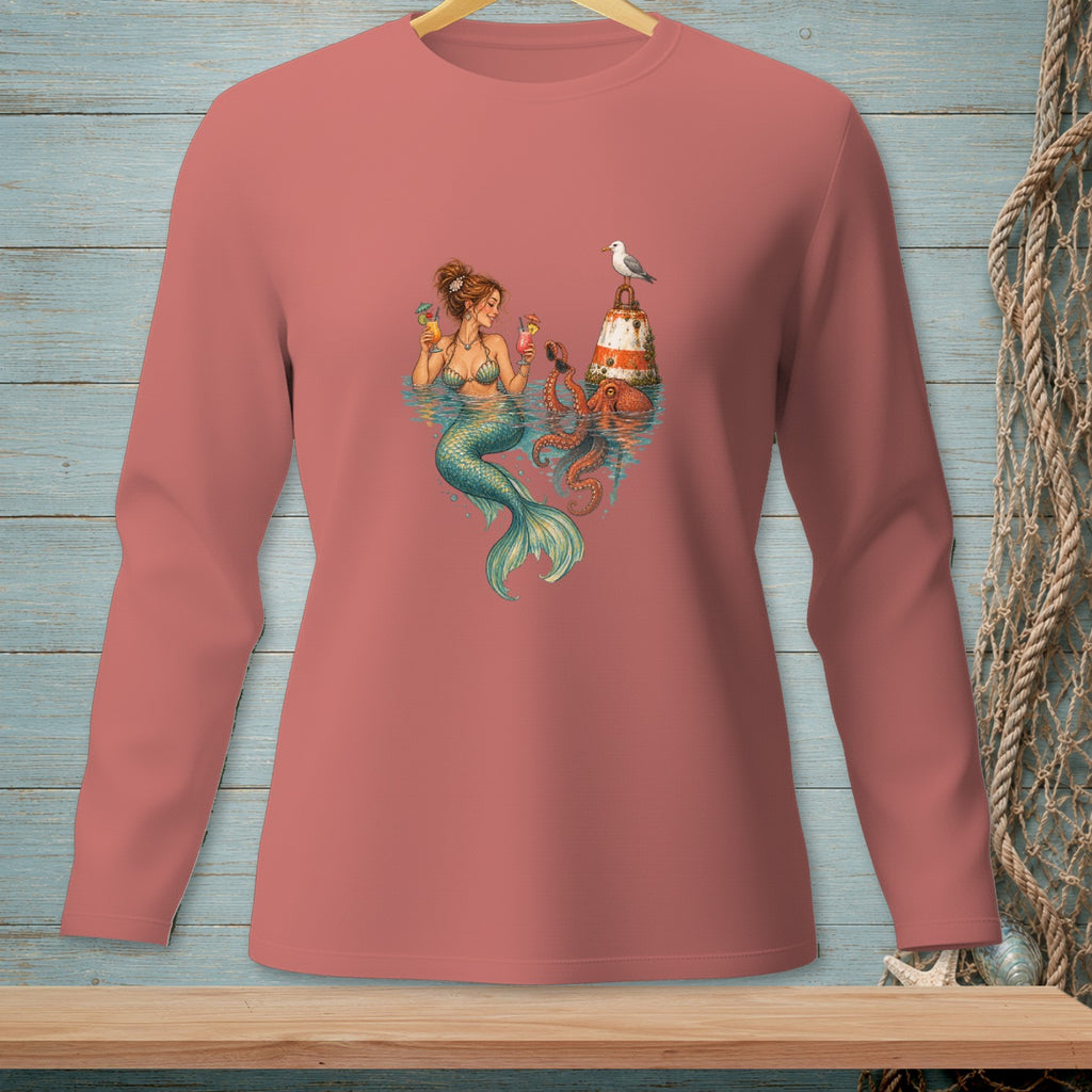 Mermaid with cocktails, octopus, and lighthouse on a long-sleeve shirt.