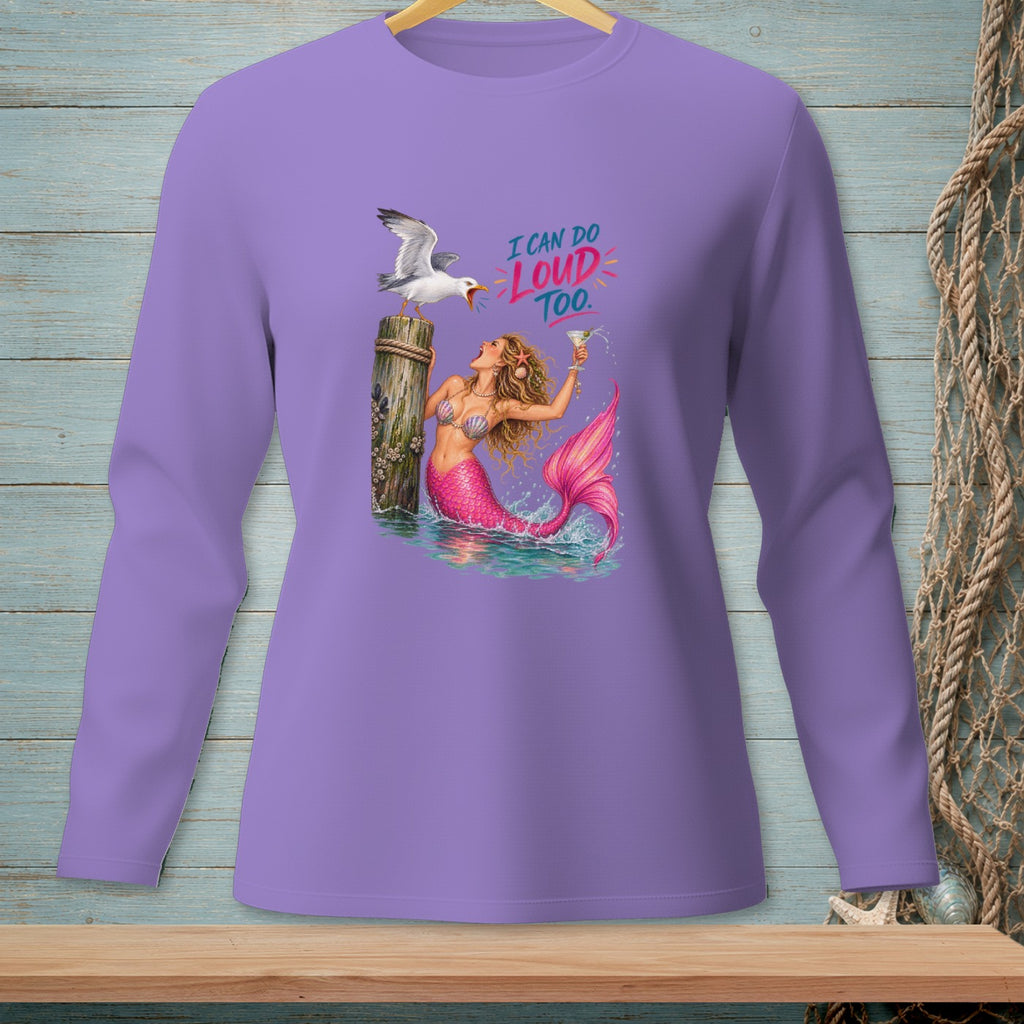 Mermaid with pink tail and cocktail, seagull on post, text "I CAN DO LOUD TOO."