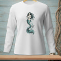 White long-sleeve shirt with a mermaid graphic and text "ABSOLUTELY NOT."