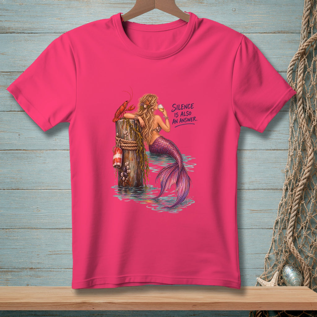 Mermaid with lobster on pier, holding drink, with text "Silence is also an answer."