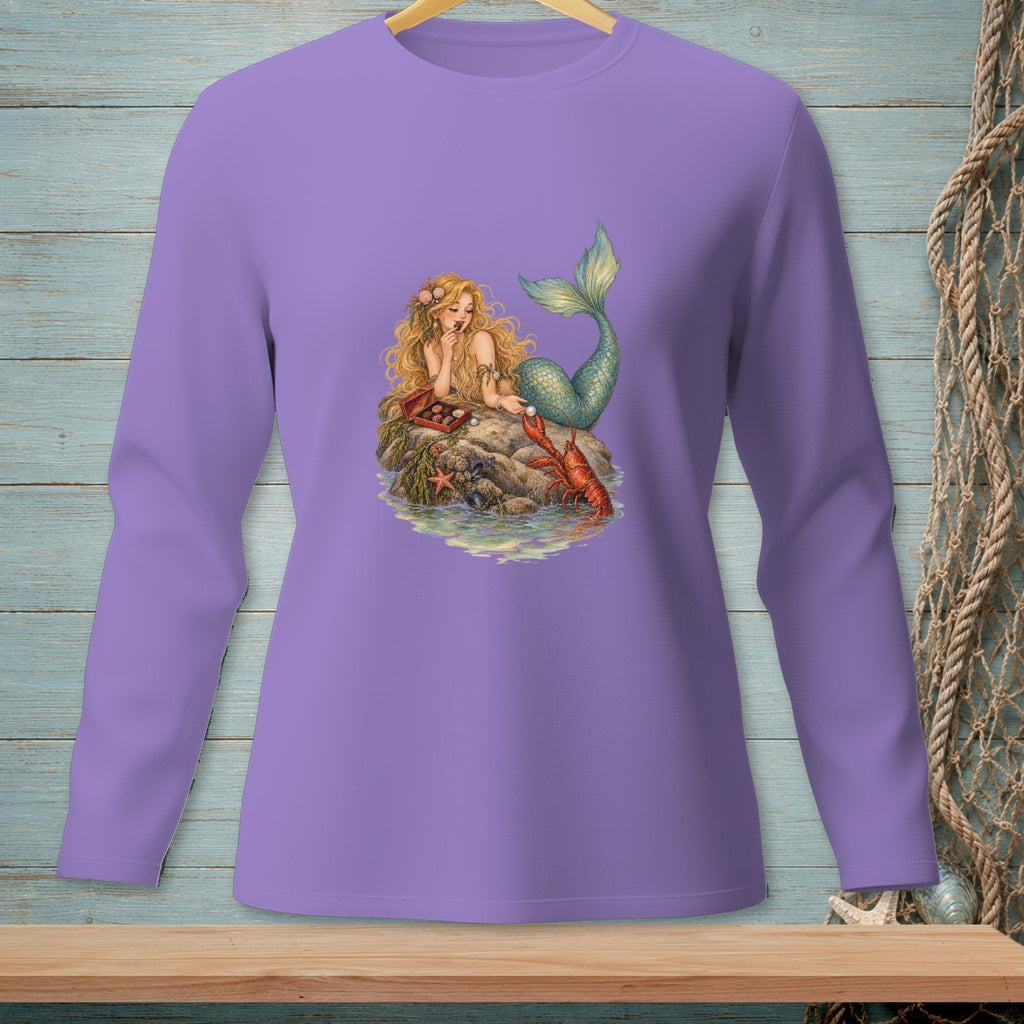 Illustration of a mermaid with a lobster on a rock, surrounded by water and seashells.