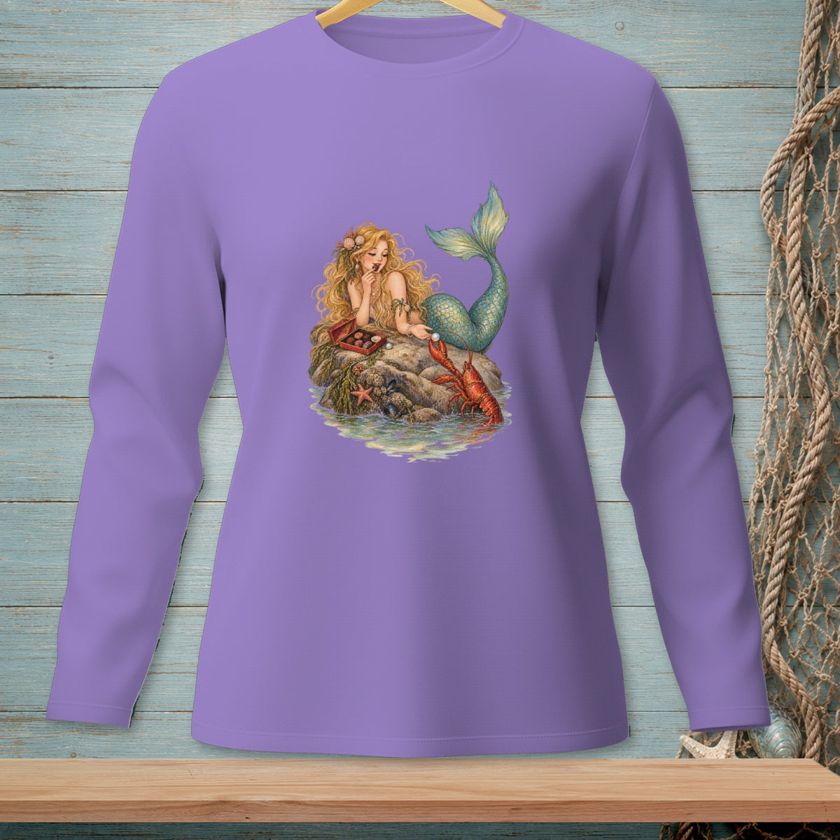 Illustration of a mermaid with a lobster on a rock, surrounded by water and seashells.