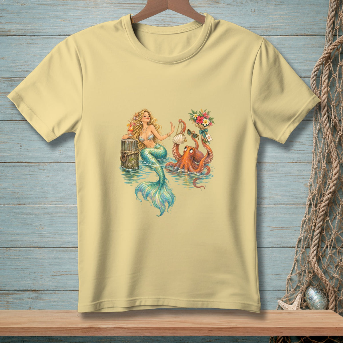 Mermaid with cocktail and octopus holding a bouquet of flowers and sunglasses.