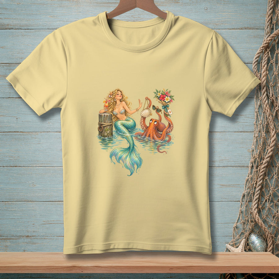 Mermaid with cocktail and octopus holding a bouquet of flowers and sunglasses.