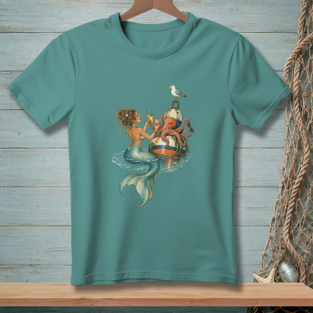 Mermaid and octopus with drinks on a buoy, with a seagull above.