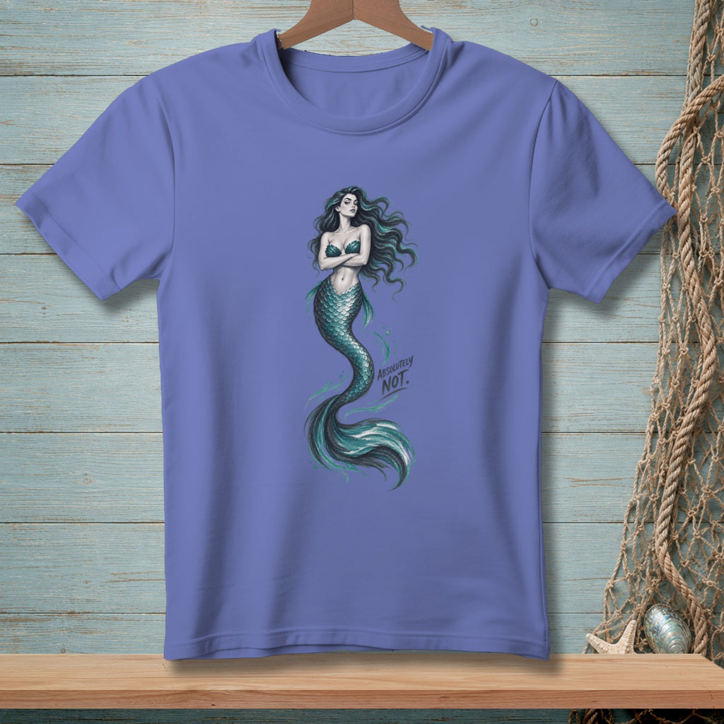 Purple t-shirt with a mermaid graphic and text "ABSOLUTELY NOT."