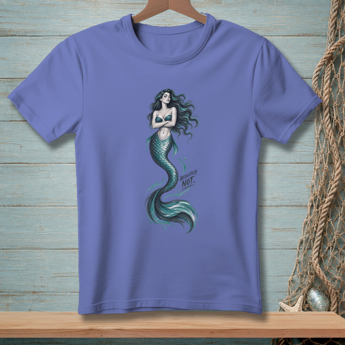 Purple t-shirt with a mermaid graphic and text "ABSOLUTELY NOT."