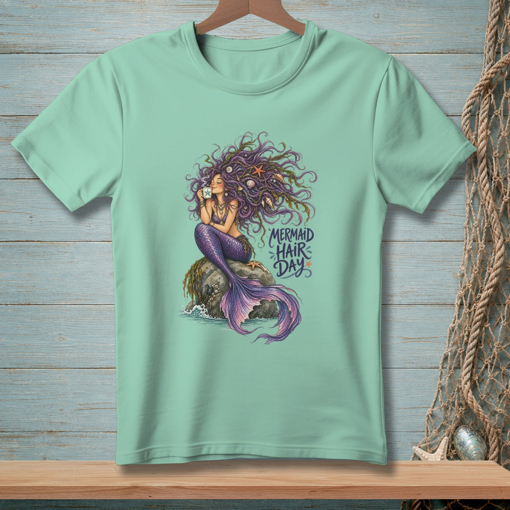 Mint t-shirt with a mermaid illustration and "Mermaid Hair Day" text.
