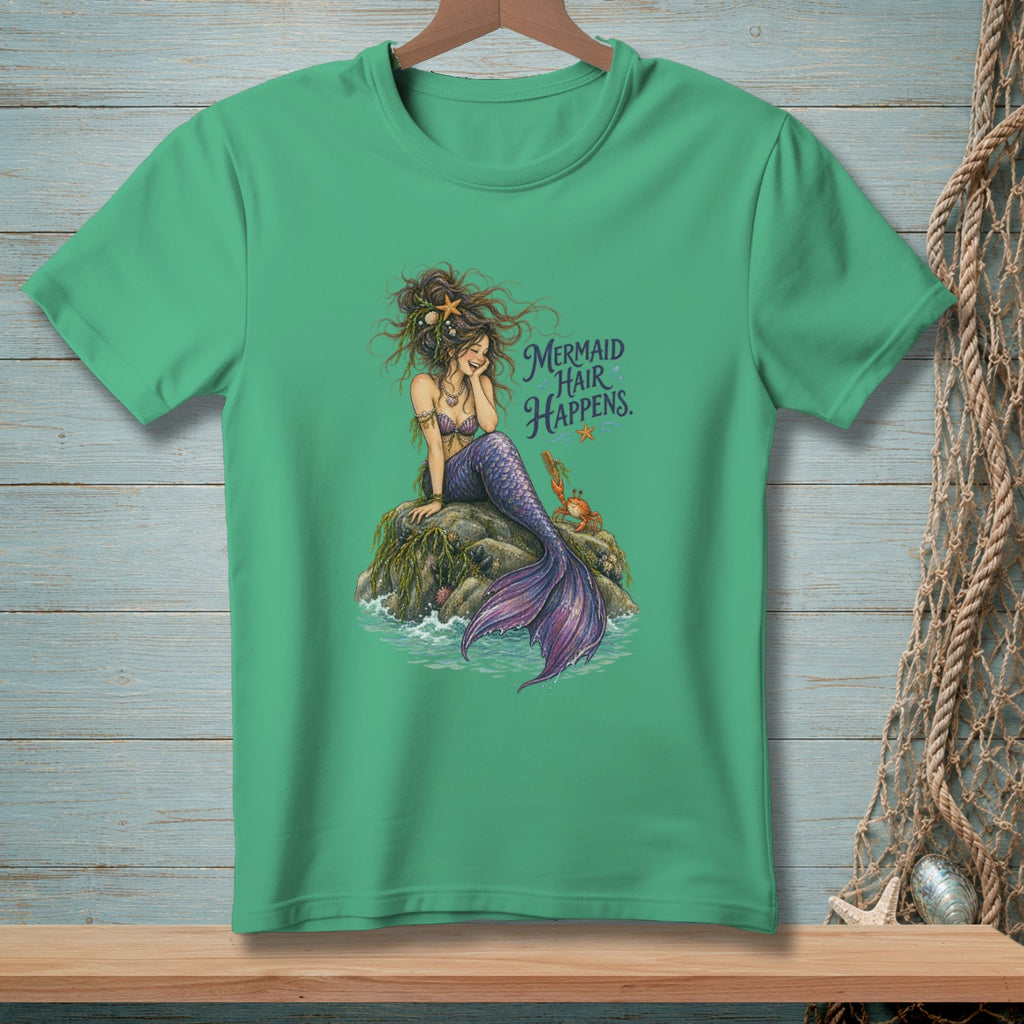 Green t-shirt with a mermaid illustration and the text "MERMAID HAIR HAPPENS."