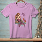 Mermaid sitting on rocks with a lobster, text reads "Don't Stop Now."