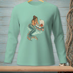 Mermaid with lobster and cooler in ocean waves graphic on a mint long-sleeve shirt.