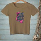 Brown t-shirt with pink mermaid tail and "FIN AROUND & FIND OUT" text.