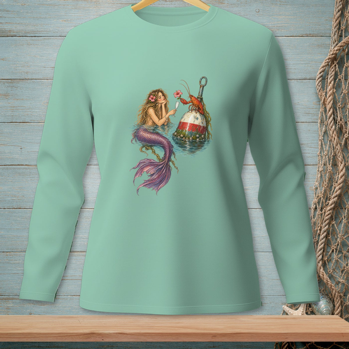 Mermaid with lobster on buoy, holding flower and glass of champagne.