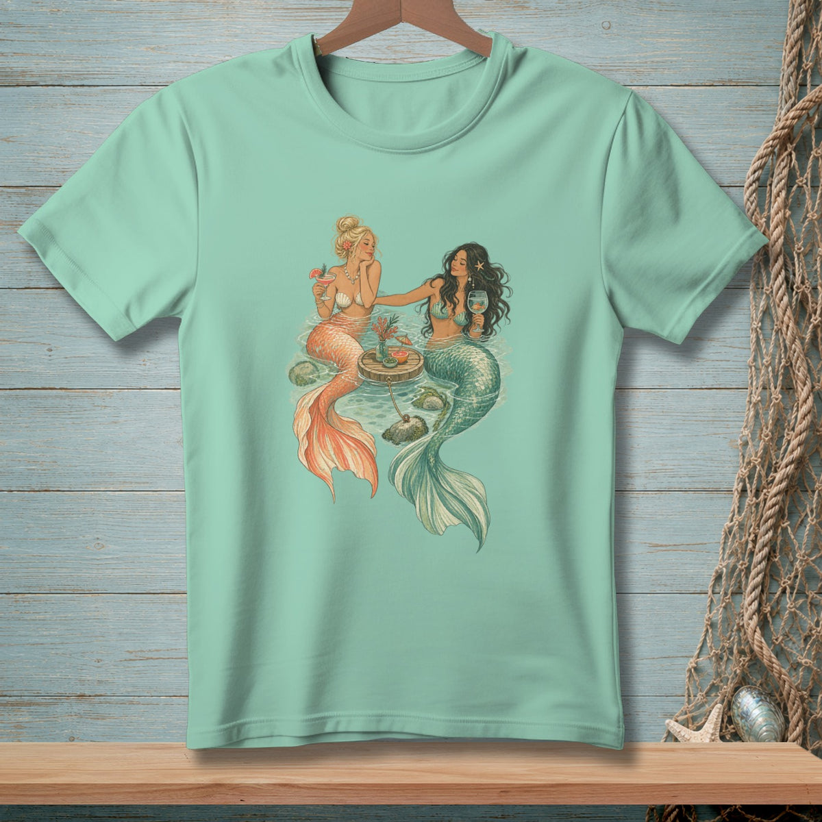 Two mermaids with cocktails sit near a small table in the water.