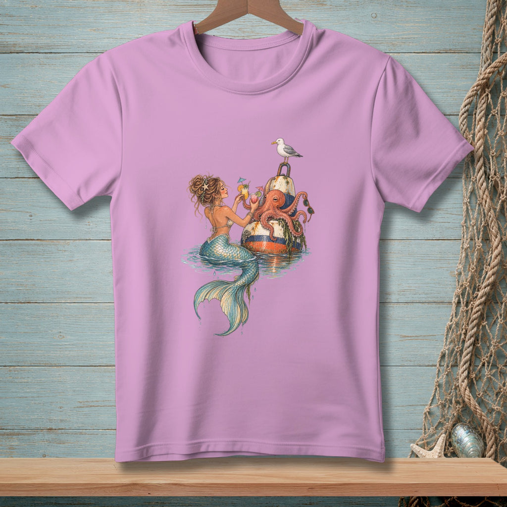 Mermaid with octopus and seagull on a buoy, holding cocktails.