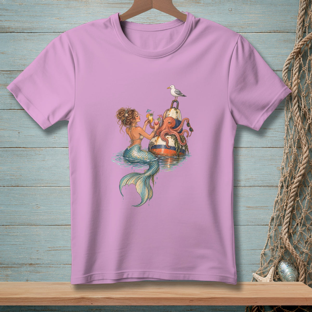 Mermaid with octopus and seagull on a buoy, holding cocktails.