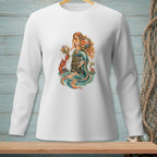 Long sleeve shirt with mermaid, lobster, crab, and flowers on a wooden post.