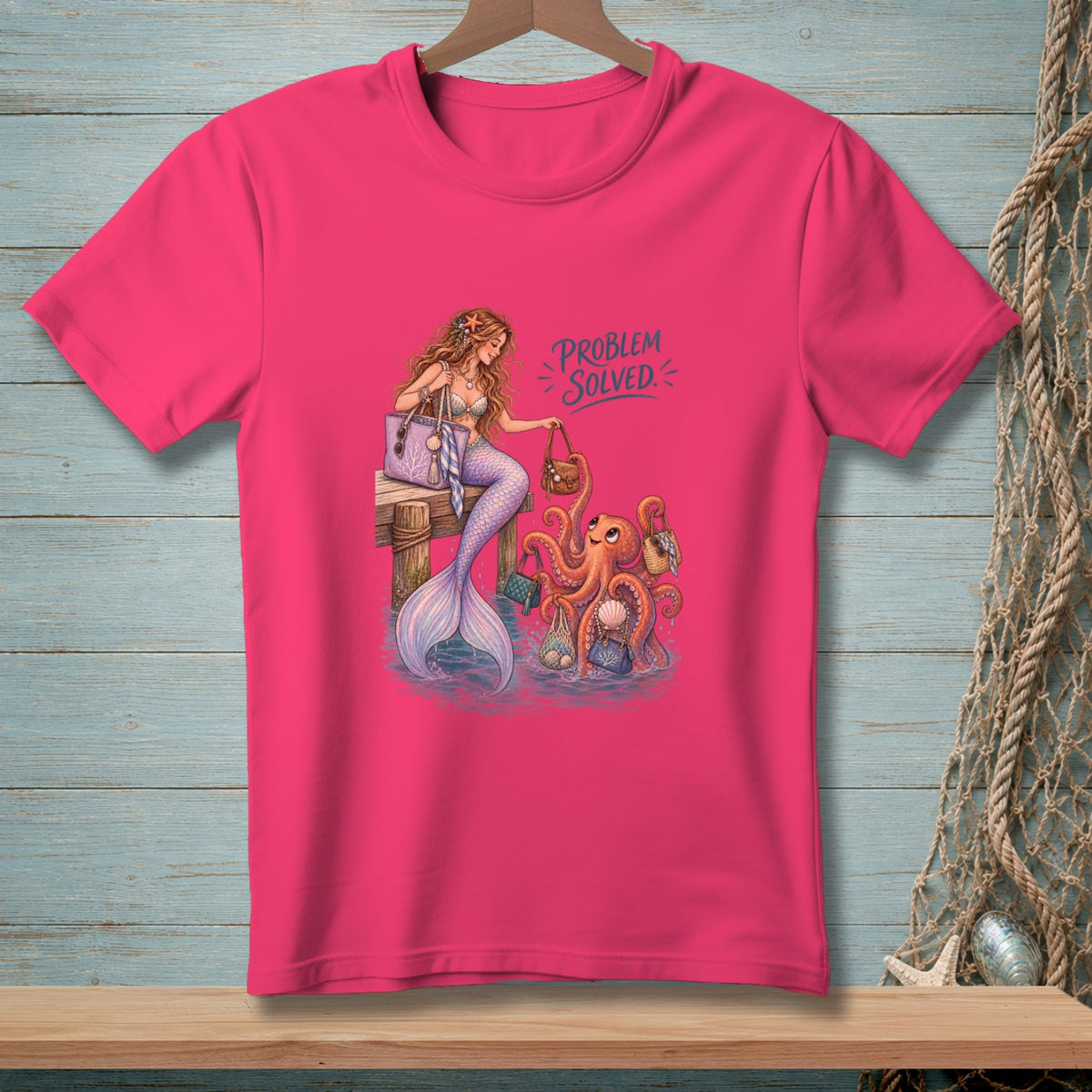 Mermaid and octopus with shopping bags text "PROBLEM SOLVED" on pink shirt.